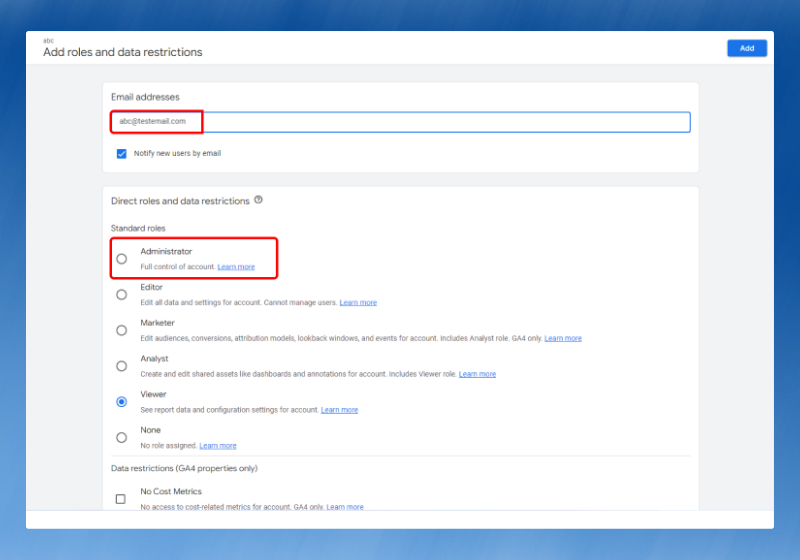 Enter Email Address and Set Permissions